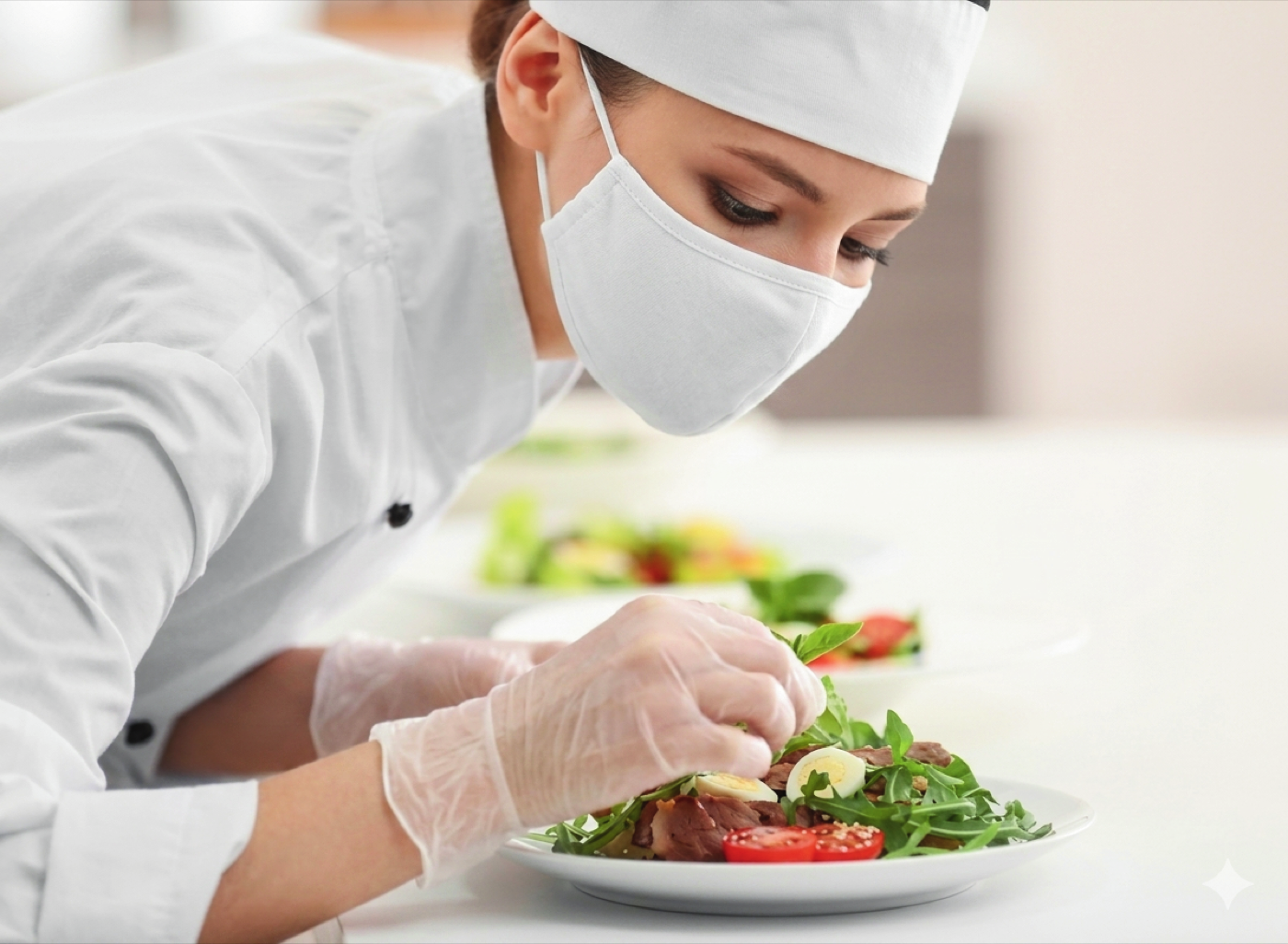 Chef preparando un plato con medidas de inocuidad